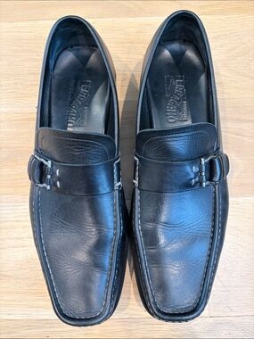 Salvatore Ferragamo Black Leather Slip-On Loafers with Silver Bit